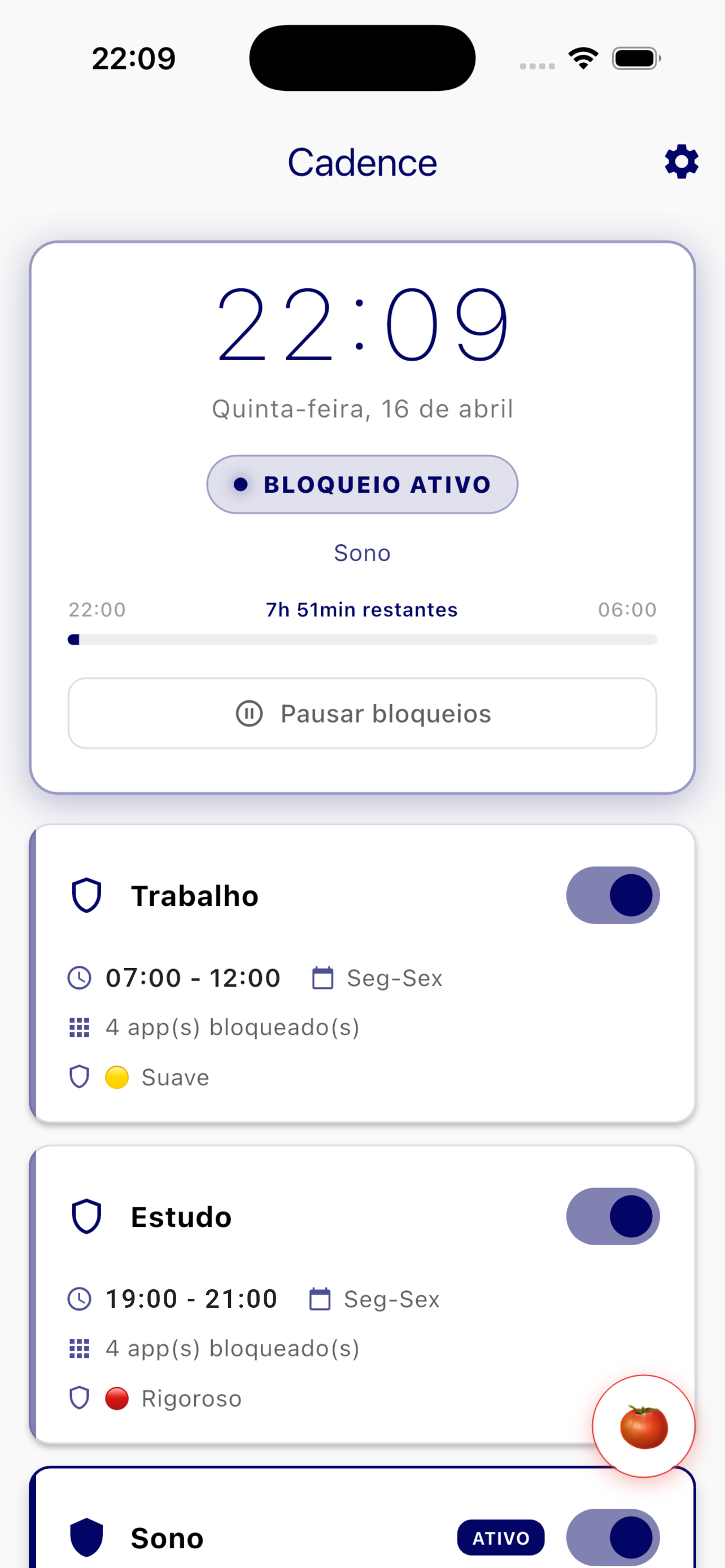 Tela inicial do Cadence mostrando um bloqueio ativo e a lista de bloqueios programados