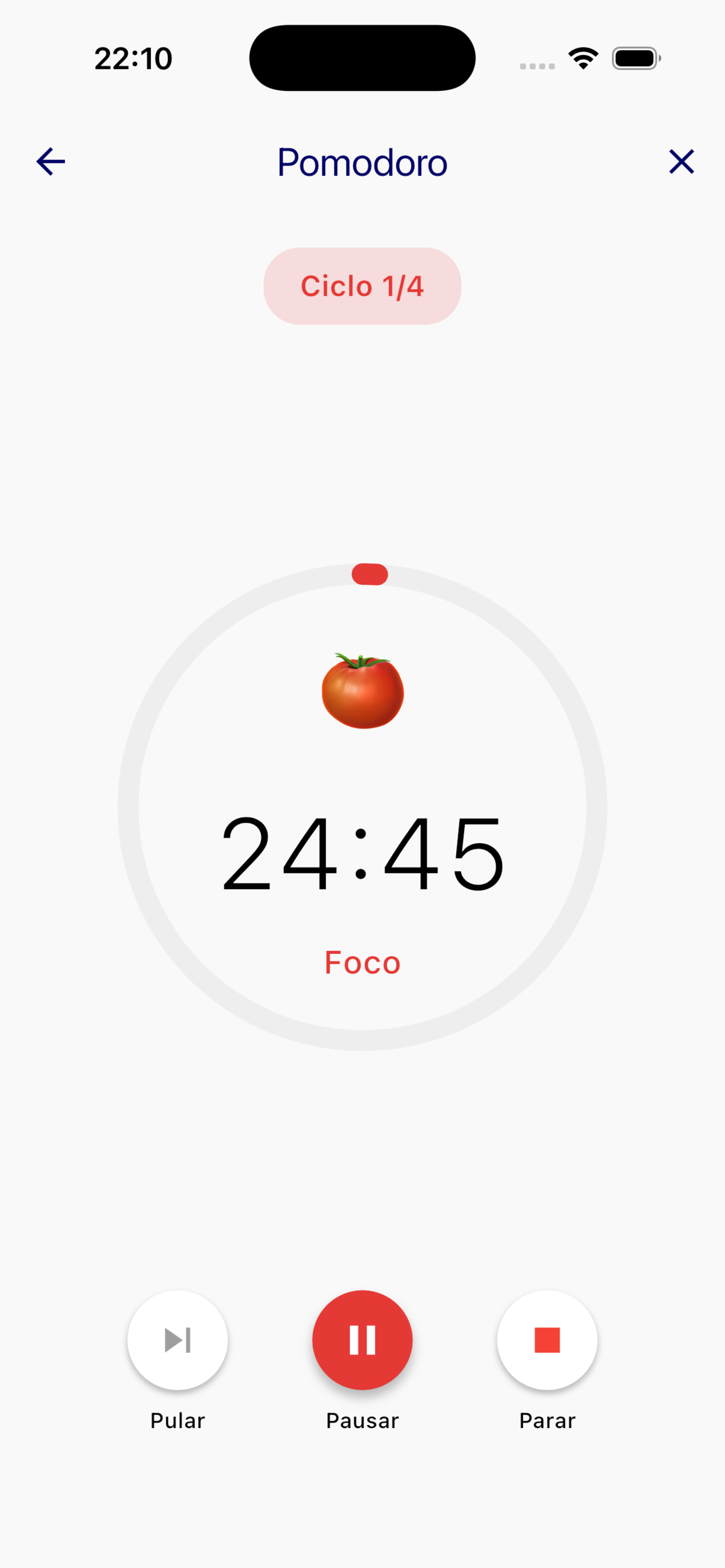 Timer Pomodoro do Cadence marcando 24:45 em uma fase de foco, ciclo 1 de 4